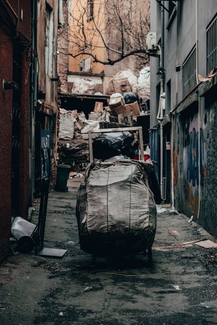 A clear view of a flatbed driveway outside a residential property shows a large pile of mixed rubbish including cardboard boxes, plastic bags, and various household waste items. The waste appears loos
